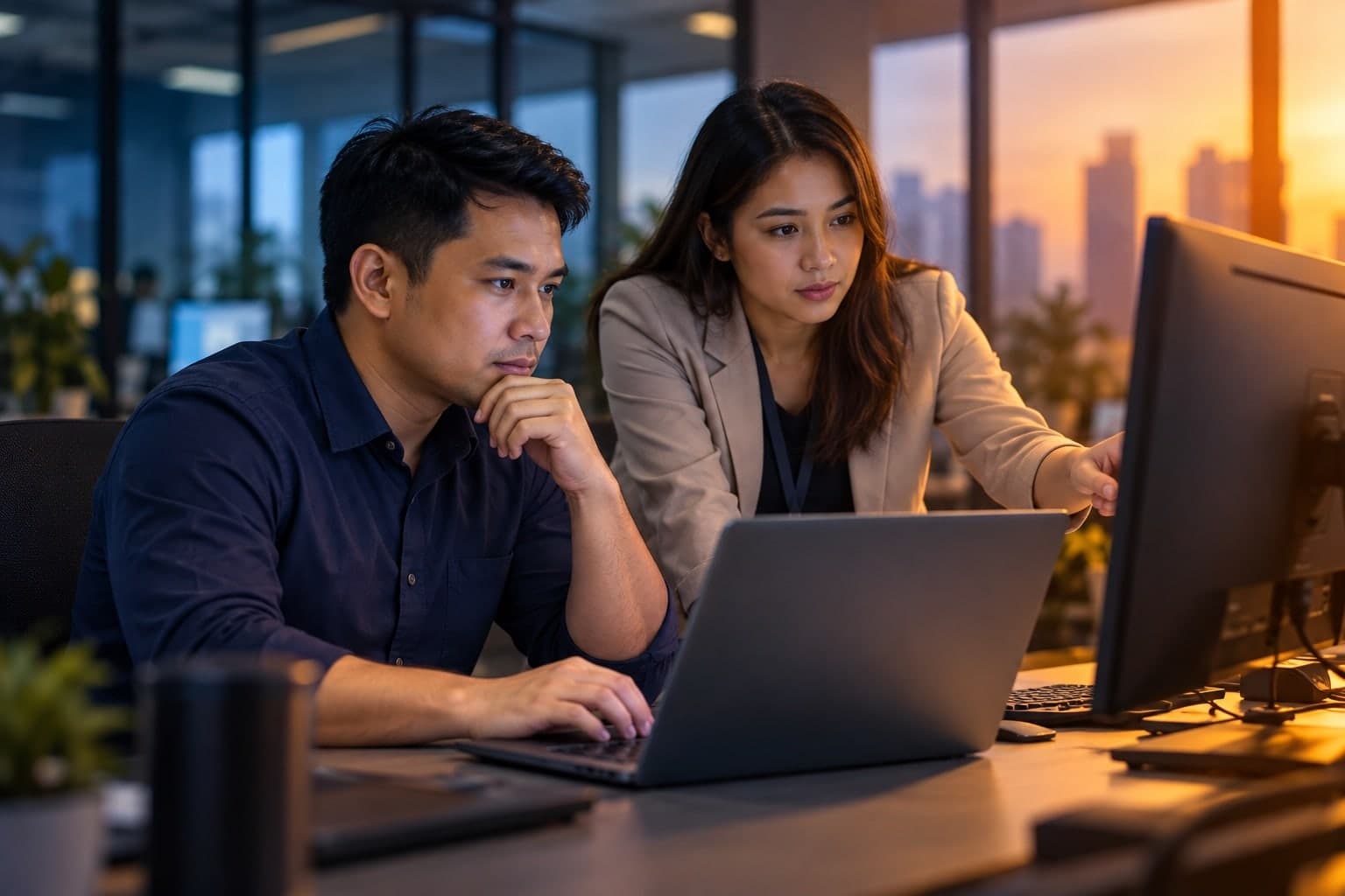 Two Filipino professionals reviewing a desktop monitor beside an open laptop in a navy-and-orange-graded office