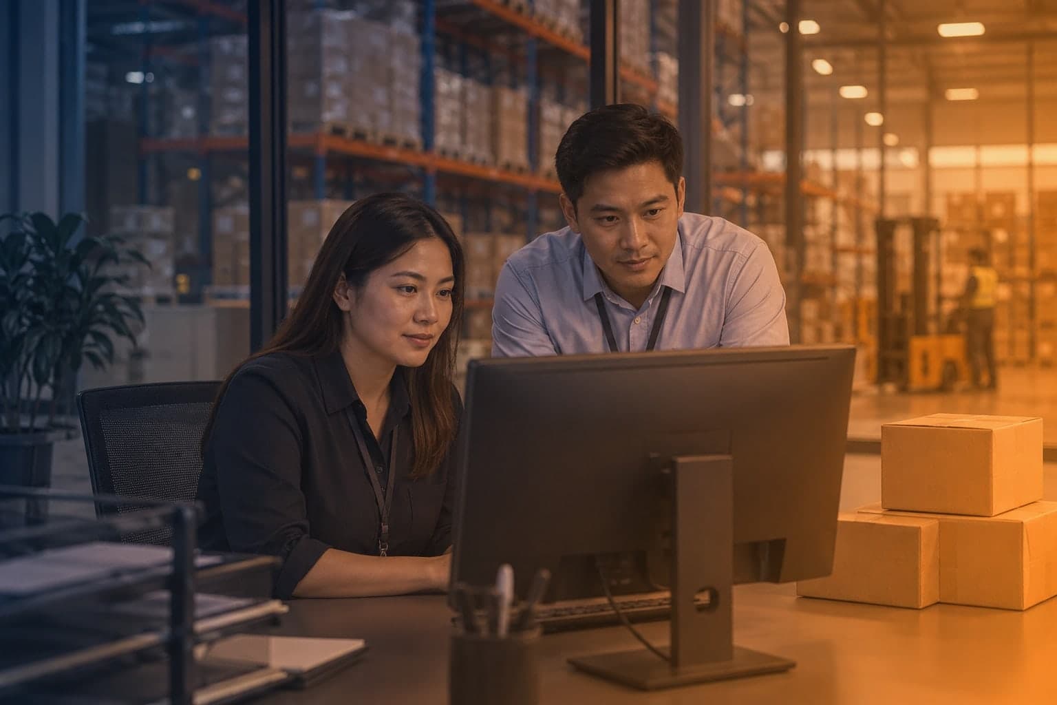 Two professionals reviewing a desktop monitor beside unmarked cartons in a warehouse planning office