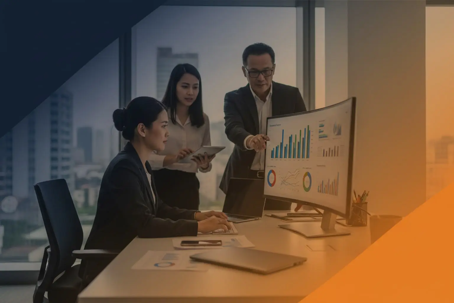 Three business professionals reviewing charts on a curved monitor in a modern city office