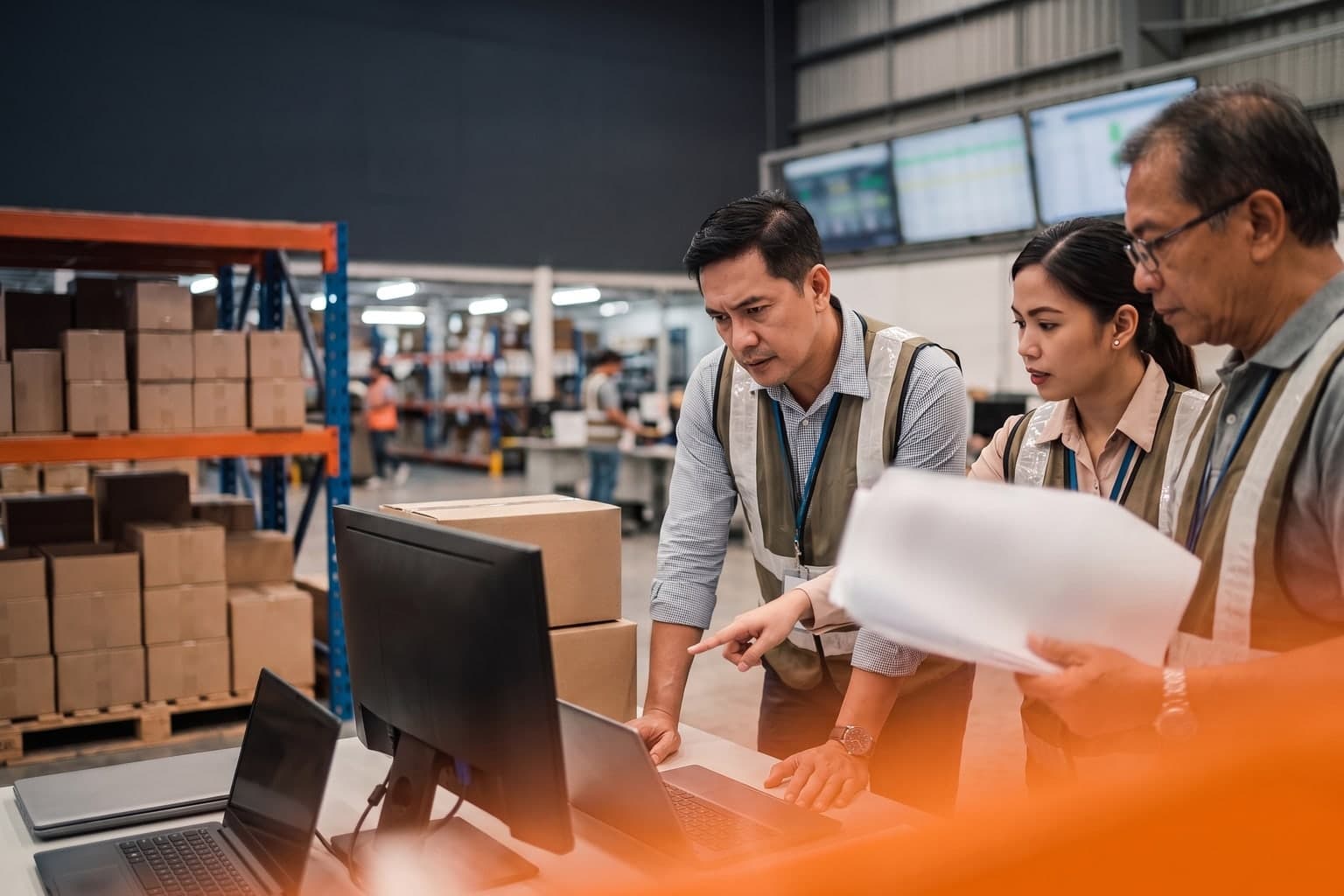 Three Filipino warehouse operations professionals reviewing an SAP cutover at a workstation beside unmarked cartons and warehouse aisles