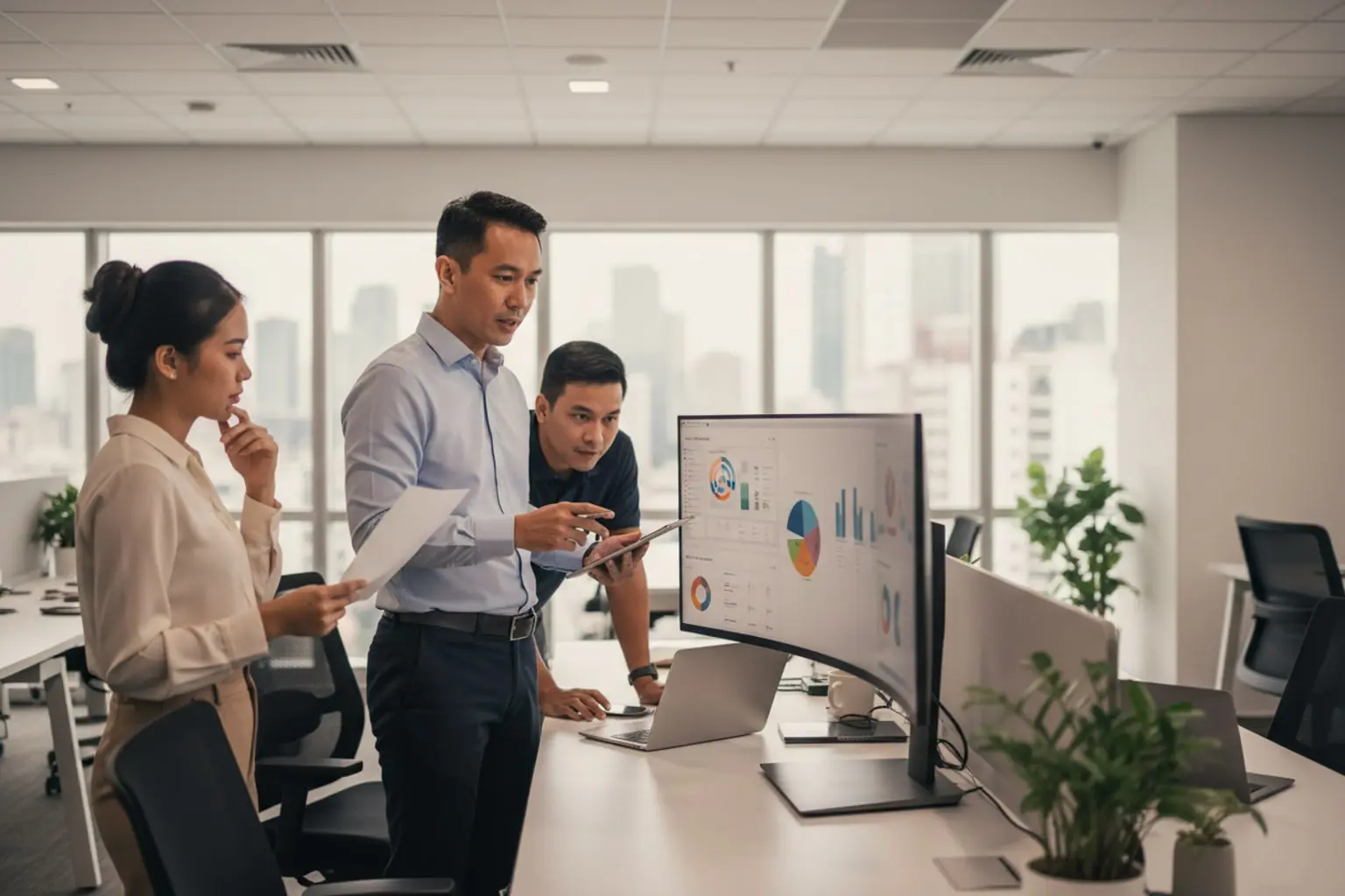 Filipino finance controller and SAP project team reviewing migration control dashboards on office monitors before cutover