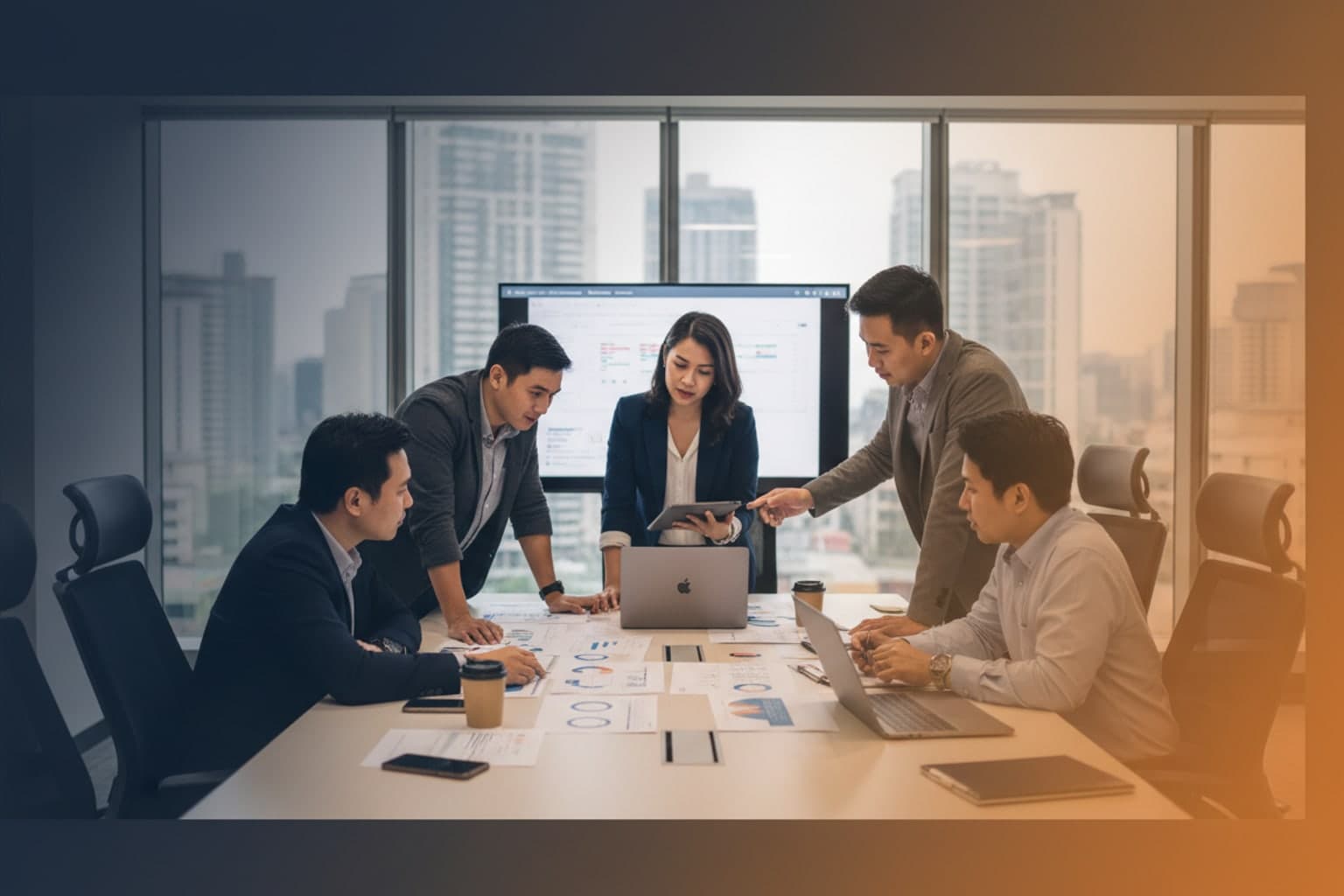 Finance leaders reviewing an ERP migration business case beside a laptop in a modern office