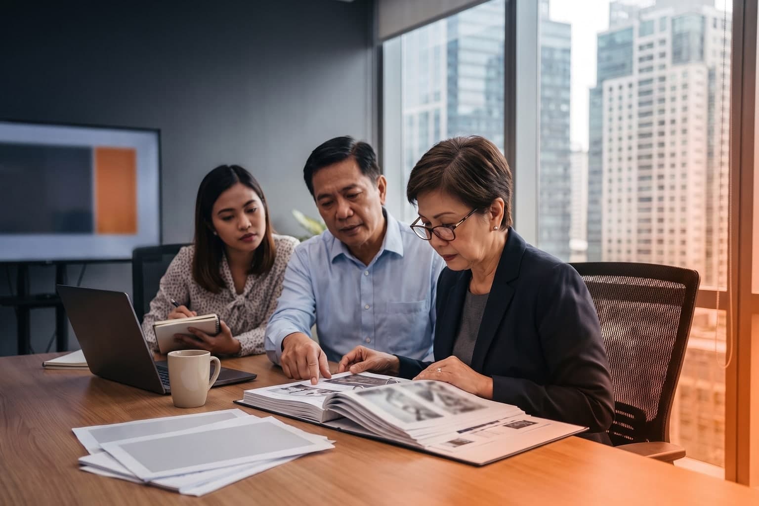 Senior Filipino CFO reviewing ERP migration evidence with finance and operations colleagues in a Metro Manila office