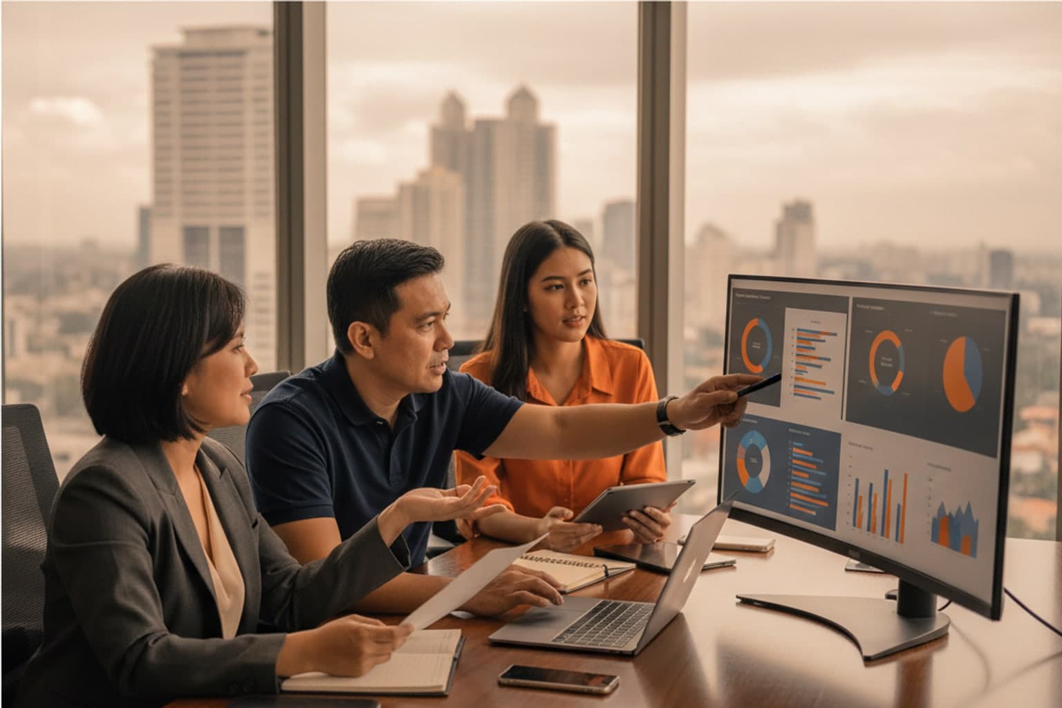 Filipino finance controller and integration lead reviewing interface status on dual monitors in a Metro Manila office
