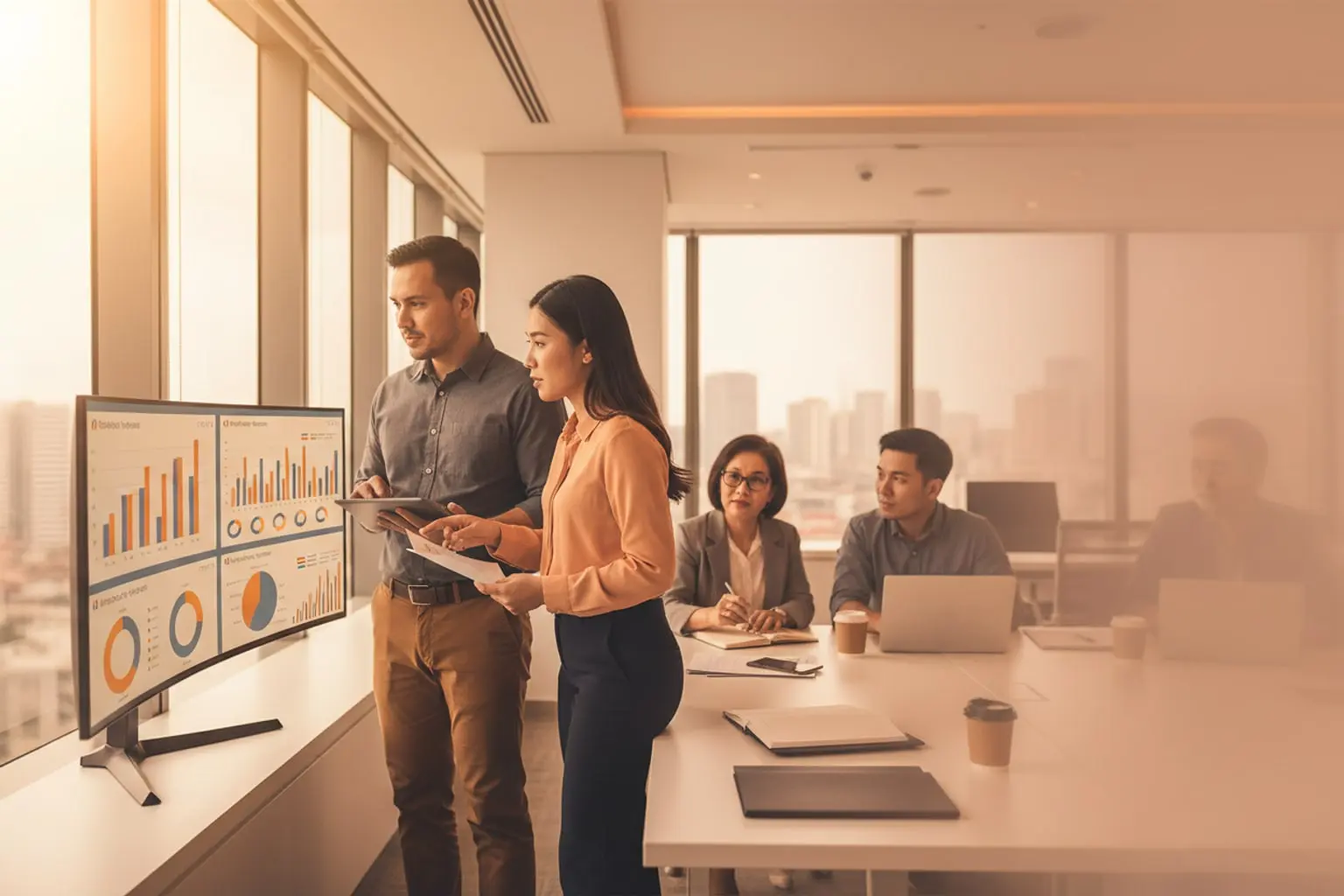Filipino finance team reviewing a month-end close scorecard in a modern office